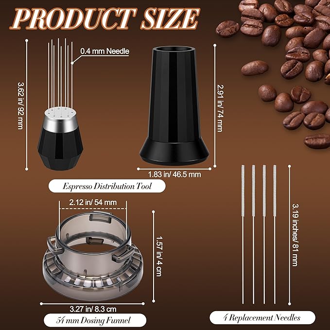 Feekoon 54mm Dosing Funnel Compatible with Breville Barista and Bambino Machine, WDT Espresso Distribution Tool, Espresso Accessories Kit, Coffee Stirrer Tool with 8 Needles and 4 Replacement Needles