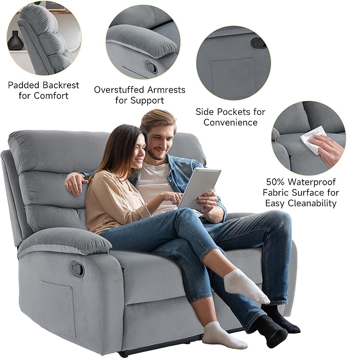 Loveseat Recliner Sofa Couch, Velvet 2-Seater Reclining Sofa for RV, Double Seater Wall Hugger Recliner Chair for Living Room, Home Theater Seating, Dark Grey