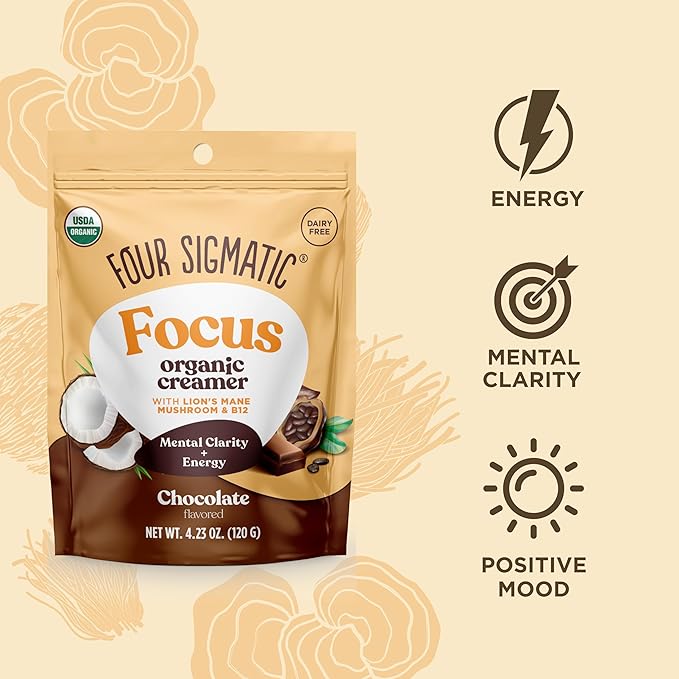 Four Sigmatic Focus Chocolate Coffee Creamer | Organic Non Dairy Coffee Creamer with Lion’s Mane and Vitamin B12 | Chocolate, 4.23 oz