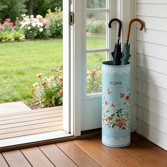 Vintage Metal Round Umbrella Holder Decorative Flower Design Umbrella Stands Entryway Organizer Bucket for Home/Office/Farmhouse - Holds Multiple Umbrellas, Walking Sticks & Canes Flower Blue