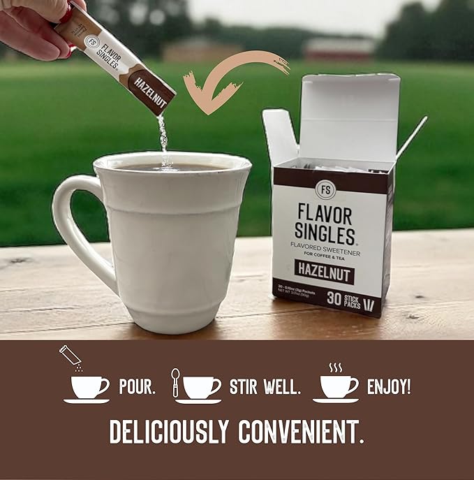 Flavor Singles Hazelnut Powdered Sweetener Packets for Coffee & Tea, Travel Ready Single-Serve Syrup Alternative, 30 Count (Pack of 1)