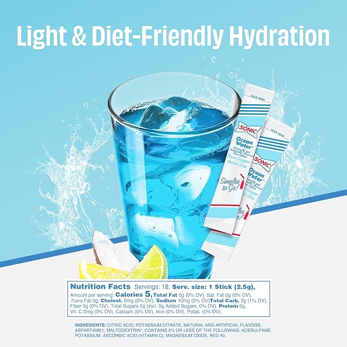 Sonic Singles to Go Powdered Drink Mix, Ocean Water, 6 Sticks per Box, 3 Boxes included (18 Sticks Total)
