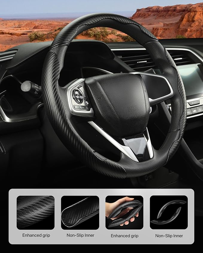 West Llama Customized Carbon Fiber Steering Wheel Covers for Honda Civic Accord CRV Pilot Ridgeline, 3 Piece snap on Steering Wheel Cover(Black)