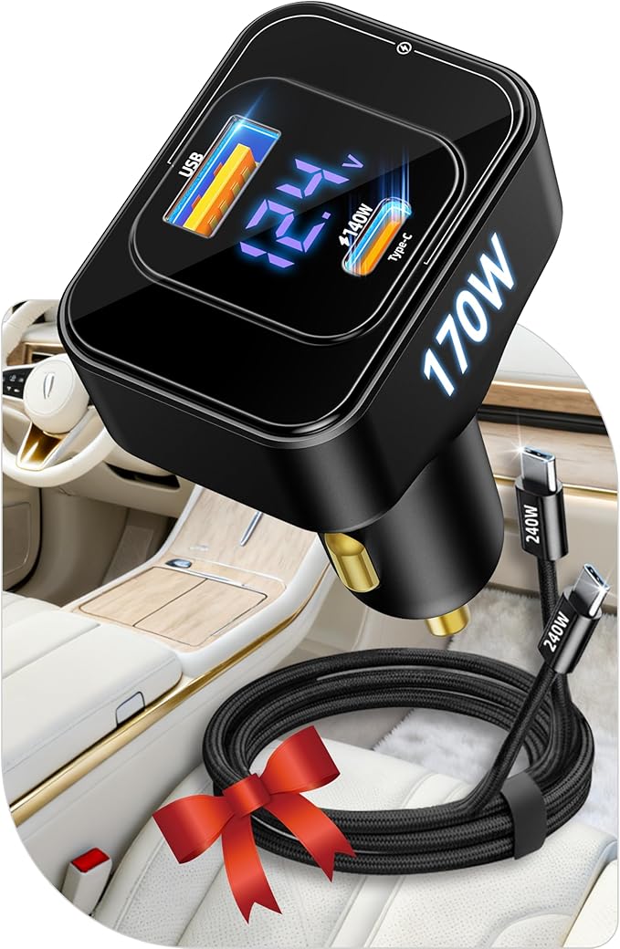 Fast Car Charger for iPhone 17 Sumsung Fast Charging Cigarette Lighter Adapter Accessories, Multi Device Family Travel Road Trip Essentials, 170W USB C 12V-24V 140W PD3.1, LED Display