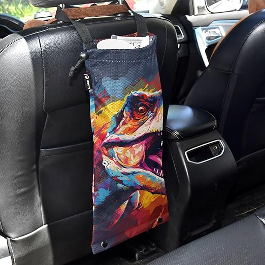 ALAZA Hanging Car Trash Bags Garbage Bag Trash Can for Back Seat Small Dinosaur Multicolor Washable Storage Bag Retractable 2 Pack