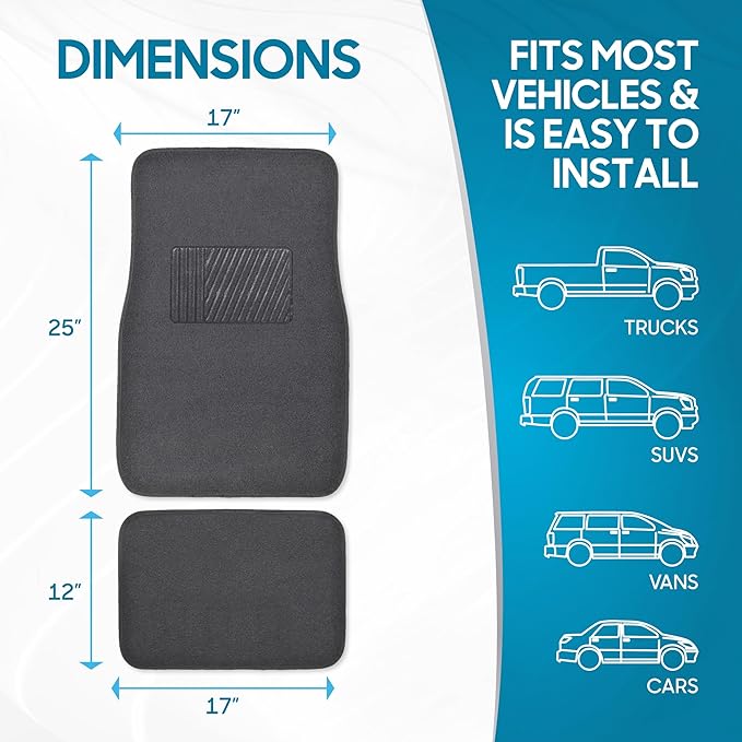BDK Premium Charcoal Carpet Floor Mats for Cars - Universal Fit Interior 4-Piece Car Mats Full Set with Vinyl Heel Pad Protector - Cute Car Accessories Interior Floor Covers for SUVs & Trucks