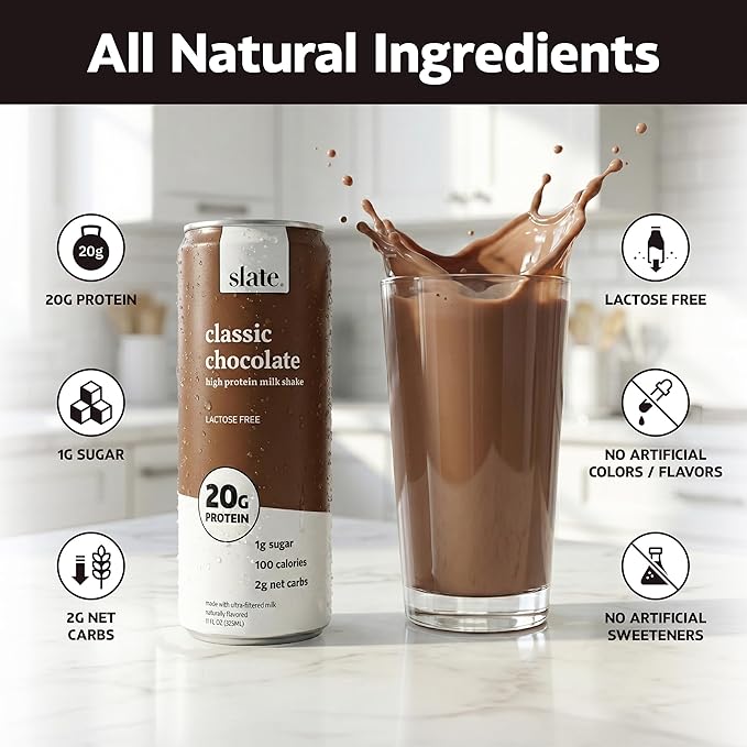 Slate Milk - High Protein Milk Shakes & Iced Coffees - Classic Chocolate, Mocha Latte, Vanilla Latte, French Vanilla -Lactose Free,20g Protein,1g Sugar, 100 Calories,1-2g Net Carbs -11 fl oz, 12 Cans