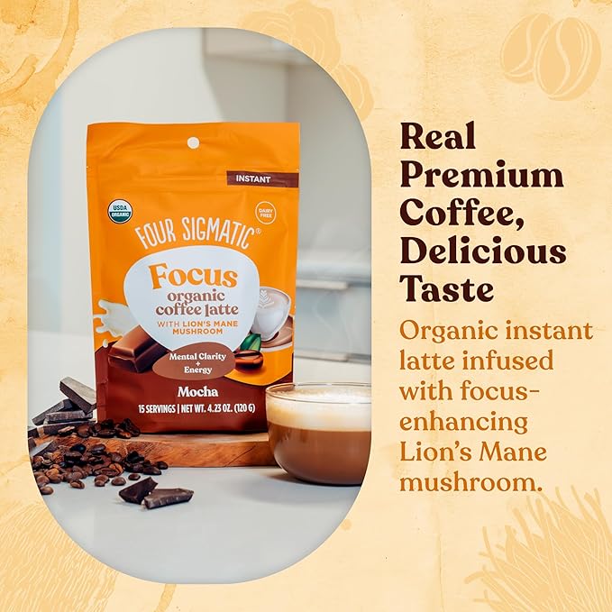 Four Sigmatic Mocha Focus Mushroom Coffee Latte | Plant-Based Organic Instant Latte with Lion’s Mane Mushroom for Focus and Mental Clarity | Made With Just 6 Organic Ingredients | 4.23 oz Bag