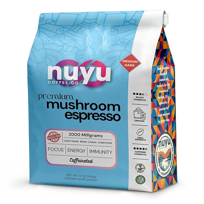Nuyu Premium Mushroom Coffee, 12 oz, Fine Espresso Ground 100% Arabica, 2000mg Functional Mushrooms, Lion's Mane, Reishi, Chaga, Cordyceps for Cognition, Energy and Wellness (12oz, Espresso Roast)