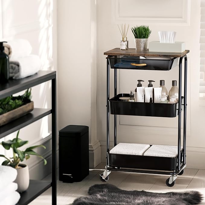 Simple Houseware 3-Tier Rolling Utility Cart with Drawer & Wood Tabletop - Mobile Sofa Side Table, Nightstand, Slim Storage Organizer Trolley for Bedroom, Bathroom, Office & Art Supplies, Rustic Brown