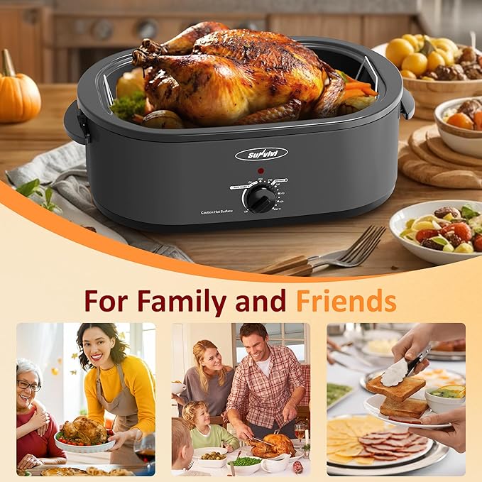 Sunvivi Electric Roaster,20 Quart Roasting Oven with Self-Basting Lid Removable Pan,Turkey Roaster Oven with 150 to 450F Temperature Control Cool-Touch Handles,Grey