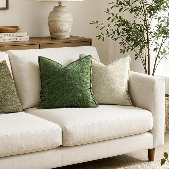 MIULEE Pack of 2 Pillow Covers 20x20 Inch Cream White Farmhouse Decorative Throw Pillow Covers with Stitched Edge Soft Chenille Solid Dyed Couch Pillow Covers for Sofa Bed Living Room