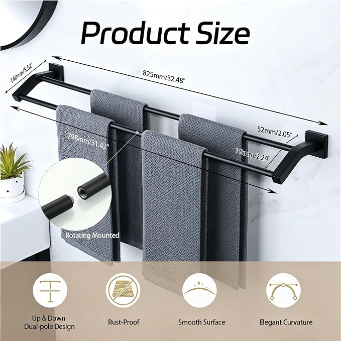 Alise Double Towel Bar, 32 Inch Towel Rack for Bathroom Wall Mounted, SUS304 Stainless Steel Bathroom Towel Holder Joining Process Towel Rail for Bathroom,Matte Black