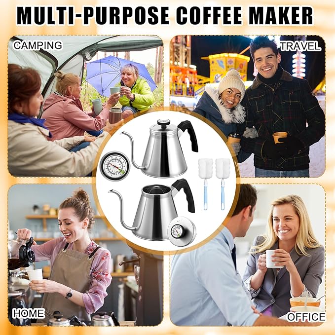 2 Pack 40 oz Gooseneck Kettle with Thermometer Stainless Steel Pour over Coffee Kettle Precision Drip Spout for Stovetop Home Kitchen Camping(Silver)