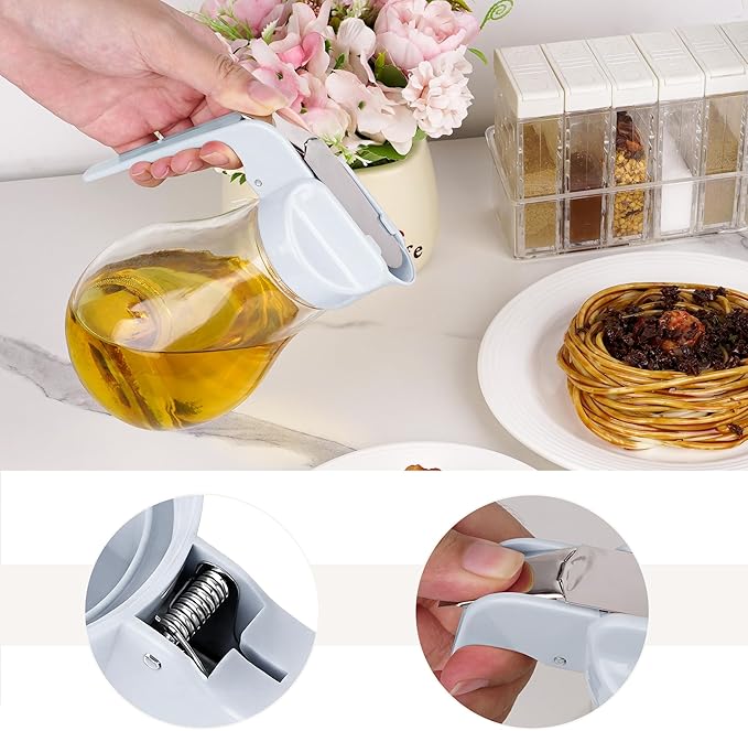 13.5oz Glass Syrup Dispenser with No-Drip Stainless Steel Spout - Honey Jar, Maple Syrup Pourer & Oil Cruet - Pastel Blue Kitchen Container for Pancakes & Waffles