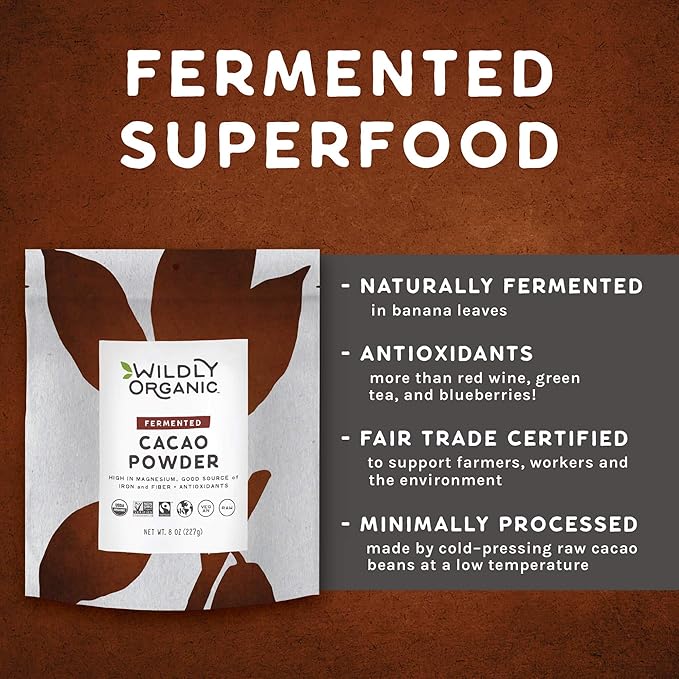 Wildly Organic Fermented Cacao Powder 8 Oz Bag - Organic, Non-Alkalized, Minimally Processed, Raw, Fair Trade, Non-GMO, Kosher, Vegan, Premium Rich Chocolate Flavor - Perfect for Skin, Smoothies, Yogurt, Oatmeal, Chocolate, Fudge, Baking, & Hot Cocoa