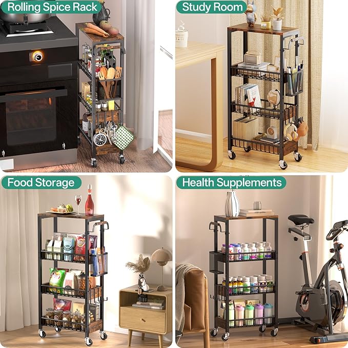 Slim Bathroom Storage Cart, 4 Tier Small Rolling Organizer Cabinet with Wood Top Handle, Mobile Shelving Unit Slide Out for Office, Kitchen, Laundry Room & Narrow Places (9.1" Overall Width)