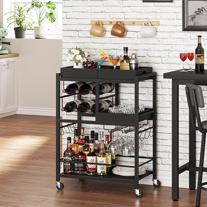 TUTOTAK Bar Cart, Home Bar Serving Cart, 3-Tier Kitchen Cart on Wheels, Rolling Beverage Cart with Wine Rack and Glass Holder, Black BC01BK037