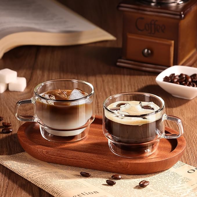 glastal Stackable Glass Cups 4 oz Espresso Glasses Double Walled Espresso Cups Glass Set of 2, 120ml Coffee Glasses Tea Glasses Espresso Cups Set for Tea, Milk, Gifts for Women Man - German Quality