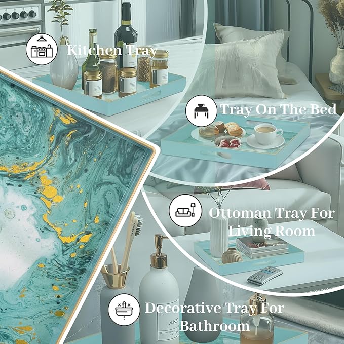 MAONAME Turquoise Square Decorative Tray for Coffee Table, Marbling Serving Tray with Handles, Modern 13" Plastic Trays for Ottoman, Bathroom, Storage
