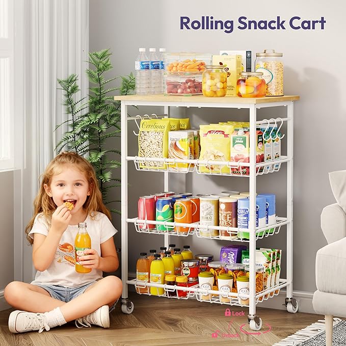 SWTYMIKI Rolling Kitchen Storage Cart - 4 Tier Microwave Table Stand with 6 Storage Baskets, Coffee Bar with Wheels, Kitchen Utility Cart Shelf Rack Organizer for Fruit, Vegetables, Potato (White)