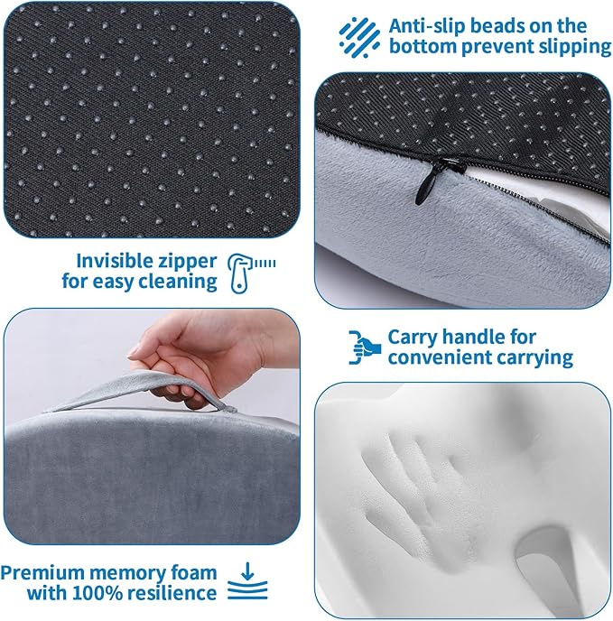 Memory Foam Seat Cushion for Office Chairs & Tailbone Pain Relief - Ergonomic Chair Seat Cushion & Car Seat Cushion for Long Driving - Non-Slip Portable Wheelchair Cushions, Grey