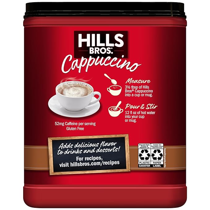 Hills Bros. Cappuccino Mix–Rich, Frothy Coffeehouse-Tasting Instant Drink Mix–Quick and Easy Preparation–Perfect for Hot & Iced Drinks & Creaming Coffee – English Toffee, 1 Pack of 16oz
