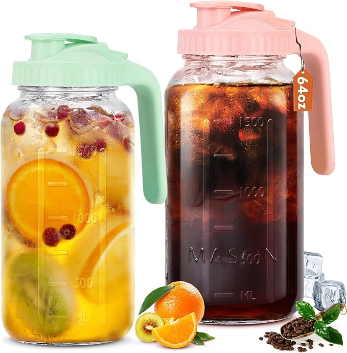 Glass Pitcher with Lid, 64 OZ Mason Jar Pitcher Double Leak Proof, 2 Quart Breast Milk Storage Containers for Fridge, Wide Mouth Glass Jar for Sun Tea, Juice, Cold Brew Coffee