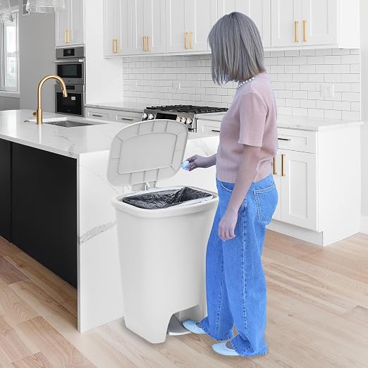 Glad Kitchen Trash Can 20 Gallon | Large Plastic Waste Bin with Odor Protection of Lid | Hands Free with Step On Foot Pedal and Garbage Bag Rings, 20 Gallon, White