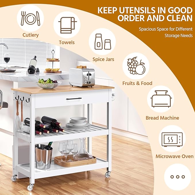 Yaheetech Kitchen Island Cart on Wheels with Bamboo Tabletop, 3-Tier Rolling Kitchen Island Microwave Cart with Drawer, Detachable Towel, 3 Hooks, 17" D x 37.5" W, White