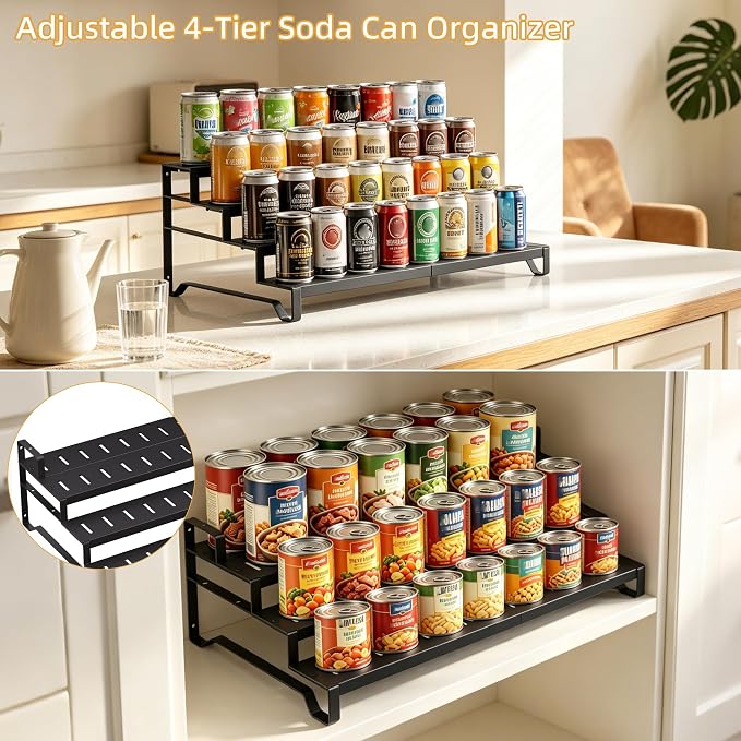 Attelite 4 Tier Expandable Can Rack Organizer for Pantry, Adjustable 13"-21" Metal Soda Can Organizer, Pantry Organization Canned Food Storage Holder for Kitchen Cabinet Countertop, Black 1Pack