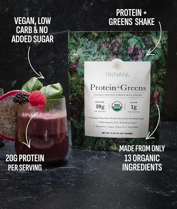 Truvani Protein + Greens Supplement | Spinach, Kale & Broccoli | 10g Organic Plant Based Protein | 20 Servings | USDA Organic | Gluten & Dairy Free | Vegan | No Added Sugar
