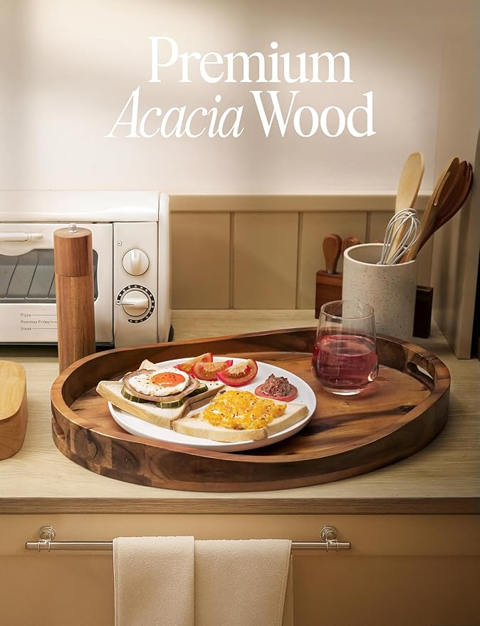 Acacia Oval Wooden Serving Tray with Handless - 16.5" x 13" Ottoman Table Oval Wooden Tray - Round Serving Tray - Ottoman Tray for Living Room, Coffee Table Decor, Serving Platter (Acacia)