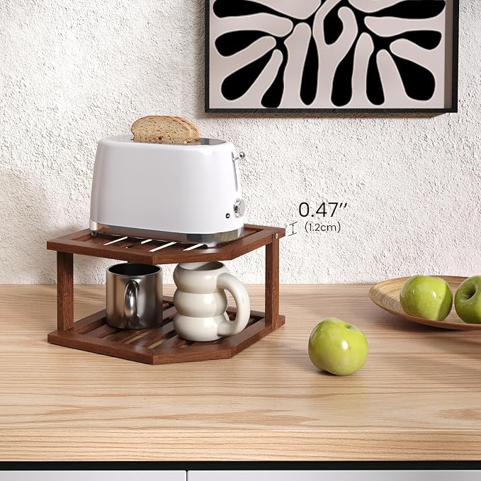 VERTORGAN Bamboo Corner Shelf,2 Tier Plate Organizer for Cabinet and Countertop,Pantry Dish and Spice Rack for Kitchen（Brown）