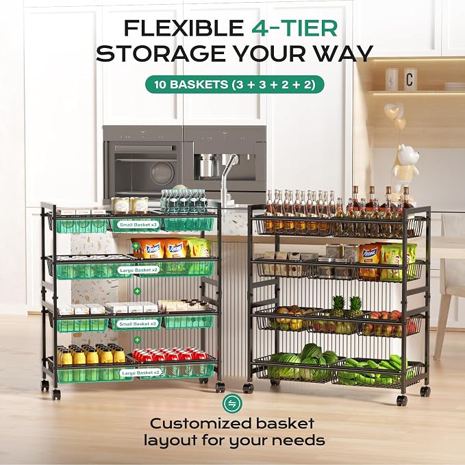 Cinati 4-Tier Snack Cart with Wheels, 29''W Toy Storage Organizer, Rolling Pantry Storage Cart with 10 Wire Baskets & Handle,Adjustable Metal Snack Rack, Kitchen Organizer for Fruit, Vegetables(Black)