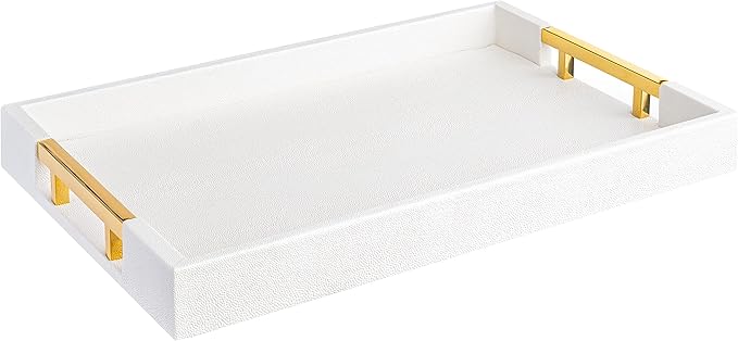 Modern Elegant 17.5"x12" Rectangle Glossy Faux Leather Shagreen White Decorative Serving Tray with Gold Polished Metal Handles for Ottoman Coffee Table Perfume