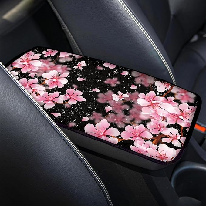 Cherry Blossom Print Car Center Console Cover for Women,Armrest Cover for SUV Sedan Truck,Non-Slip and Washable