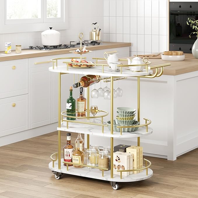 GarveeHome Gold Bar Carts with 4-Tiers Storage Shelves，Mobile Bar Seving Carts On Wheels with Wine Rack and Glass Holder for Kitchen, Dining Room, Living Room-Gold+White