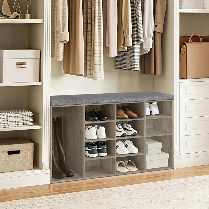 DINZI LVJ Shoe Storage Bench with Cushion, 14-Cubby Shoe Rack, Adjustable Shelves, Multifunctional Shoe Organizer Bench for Entryway, Mudroom, Hallway, Living Room, Bedroom and Garage, Gray Wash