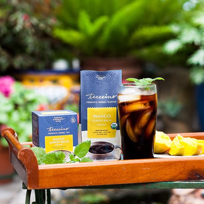 Teeccino Mango Lemon Balm - Prebiotic SuperBoost™ Herbal Blend - 10 Ounce - Steep like Loose Leaf Tea or Brew Like Coffee – Support Probiotics 3 Vegan Prebiotics for Gut Health & Good Mood