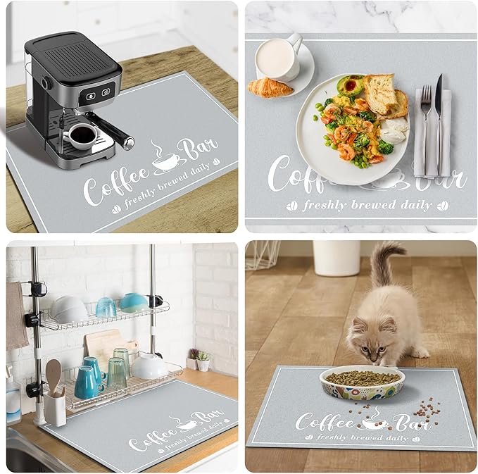 Absorbent Coffee Mat, Fashion Dish Drying Mat for Kitchen Counter Coffee Bar Accessories Espresso Machine Dish Rack 16" x 24" Light Grey
