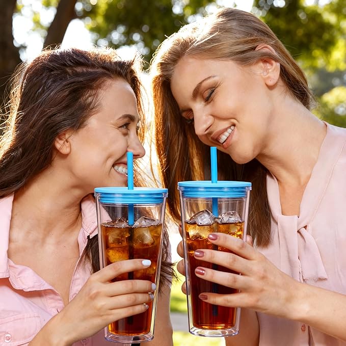 24oz Tumbler with Lid and Straw, Leak Proof and Double Wall Insulated Reusable Plastic Cups,Travel Reusable Iced Coffee Cup (2, Blue)