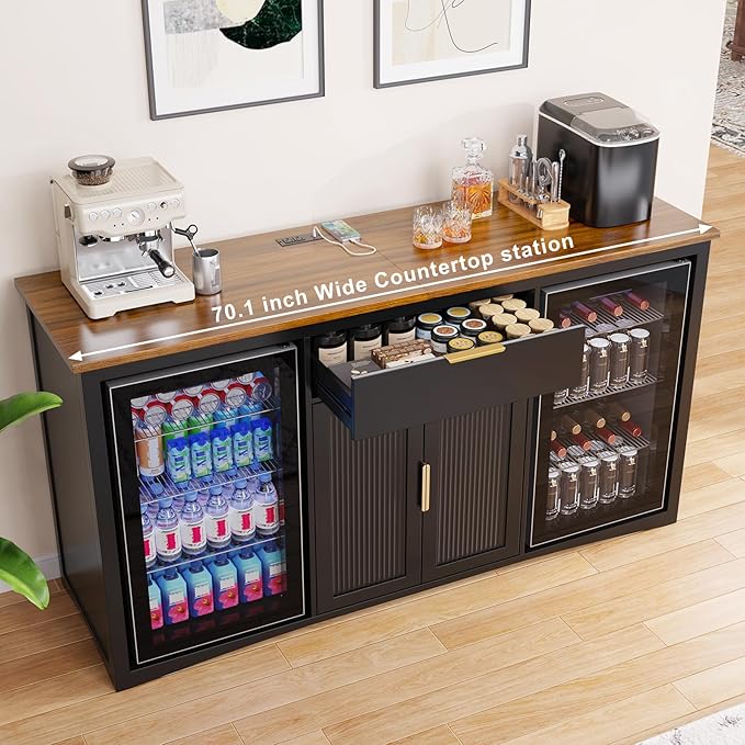 GDLF Long Coffee Bar Cabinet with Fridge Space, Modern Wine Liquor Cabinet with Storage & Power Outlet, Buffet Sideboard with Fluted Doors for Home, 70.1 Inch, Black