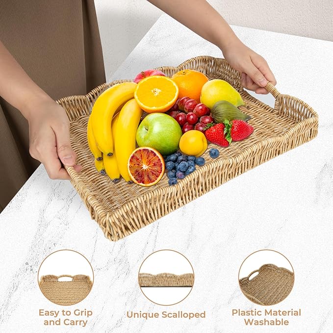Rectangle Wicker Scalloped Tray, Hand Woven Synthetic Rattan Serving Tray with Handles, Coffee Table Decorative Tray Basket for Modern Boho Rustic Home Ornament or Organizing (Beige)