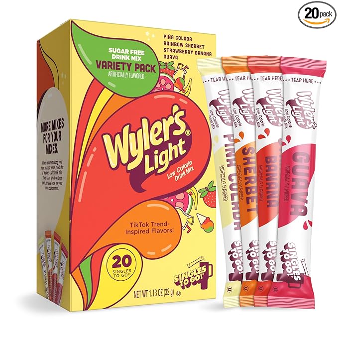 Wyler’s Light Island Flavors Variety Pack, Singles To Go Sugar Free Drink Mix, Low Calorie Water Enhancer, 20 Sticks, Piña Colada, Rainbow Sherbet, Strawberry Banana, Guava