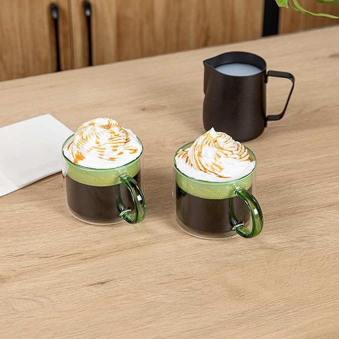 Restaurantware Coffee Cups 12 Pack of 11 oz Double Wall Glass Insulated Coffee Cup Borosilicate Mug Thermal Shock Resistant Handle Modern Design
