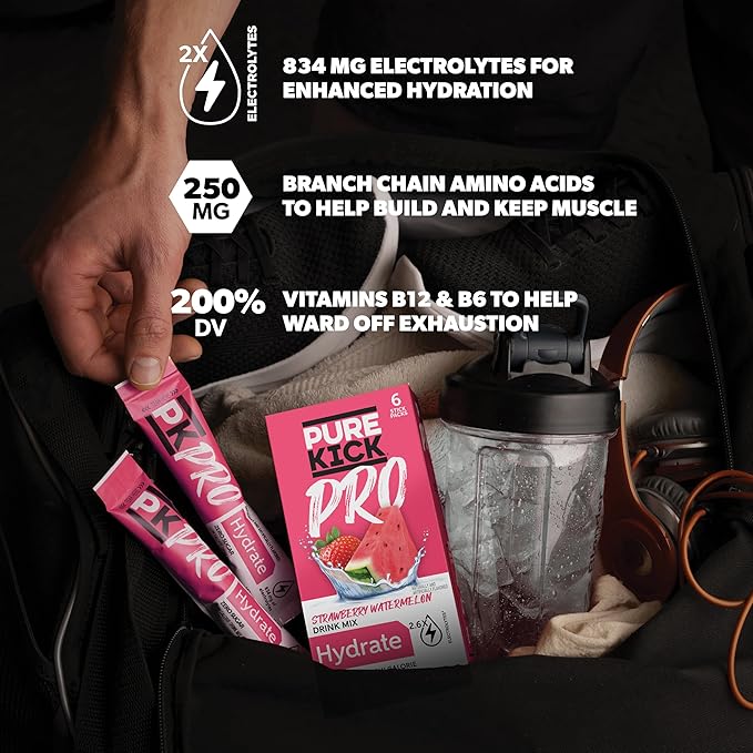 PURE KICK PRO Hydration Electrolyte Drink Mix, Strawberry Watermelon, Includes 1 Box with 6 Packets in Each Box