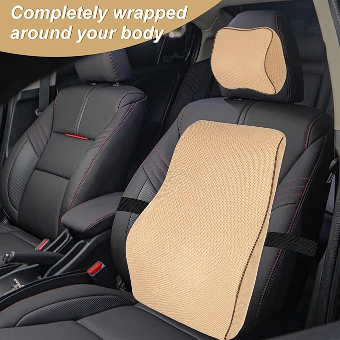 HARFINGTON Car Headrest & Lumbar Support Pillow Kit Memory Foam Ergonomic Seat Headrest & Lumbar Cushion for Driving Office Car Seat, Camel