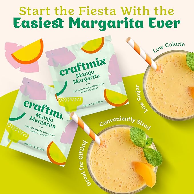 Craftmix Mango Margarita Cocktail & Mocktail Drink Mixer, Skinny Mixes - Water Flavoring Packets - Made With Real Fruit - Vegan, Low-Carb, Low-Sugar, Non-GMO, Dairy Free, Gluten Free, 12 Pack