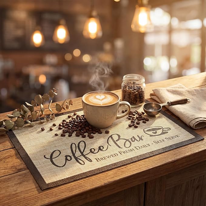 Artoid Mode Coffee Bar Mats Set of 2, 12x18 Inch Washable Non-Slip Plastic PVC Vinyl Table Mats for Coffee Machine, Countertops